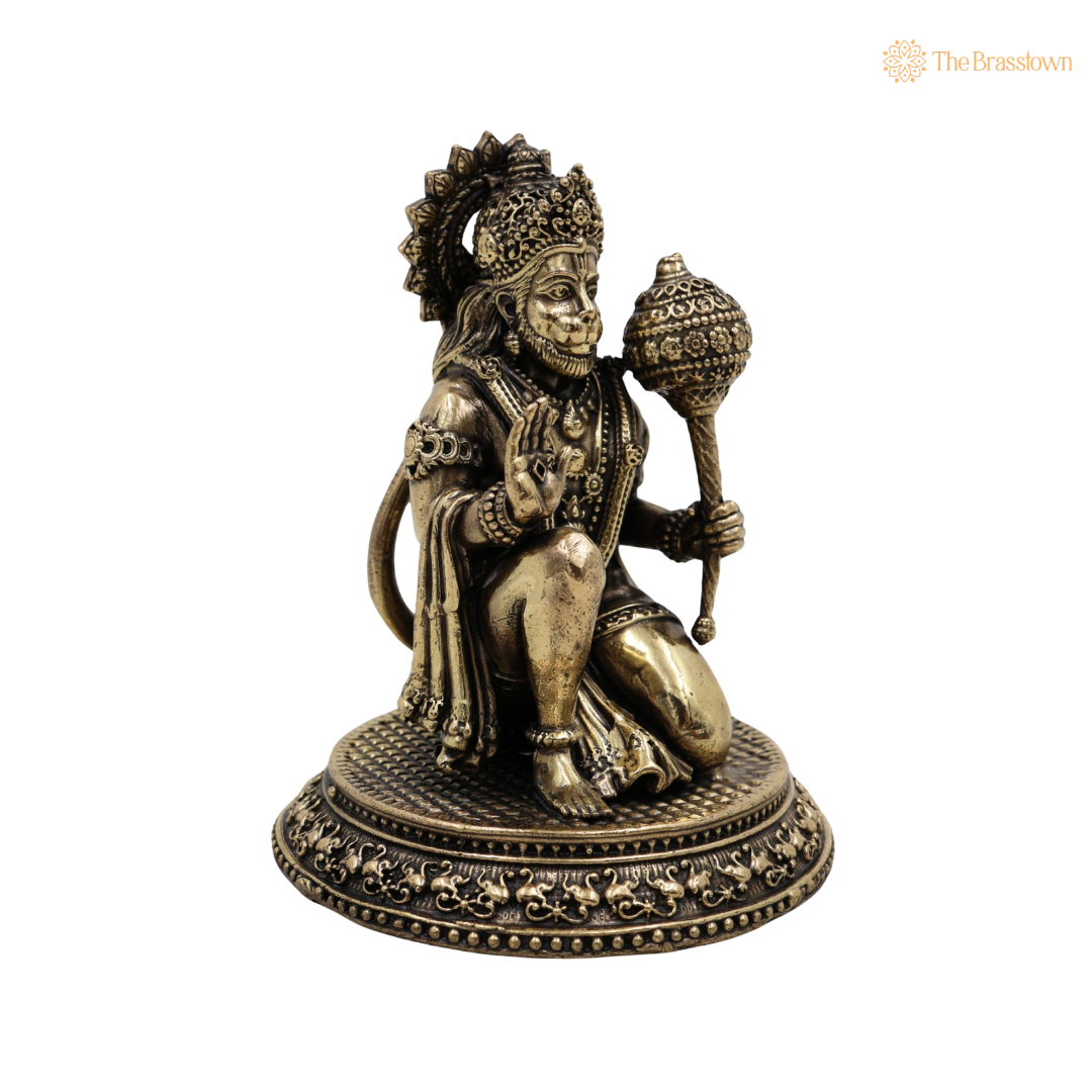 Handcrafted Brass Sitting Hanuman Idol 4.5 Inch closeup – intricate craftsmanship