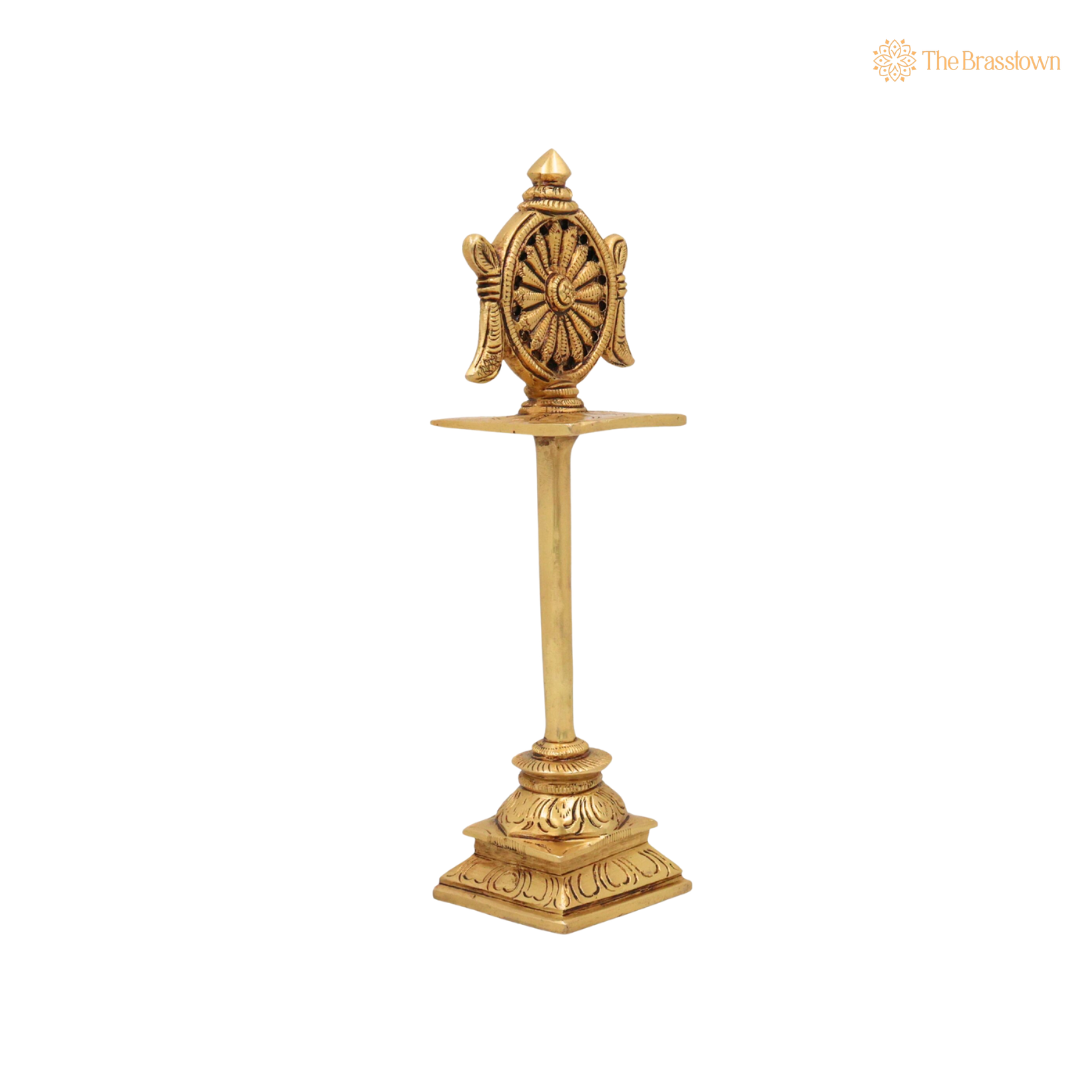 Brass Sudarshan Chakra Stand – Peetal Vishnu Symbol Balaji Sudarshan Chakra Figurine for Pooja, Home Temple &amp; Spiritual Décor 5 Inch