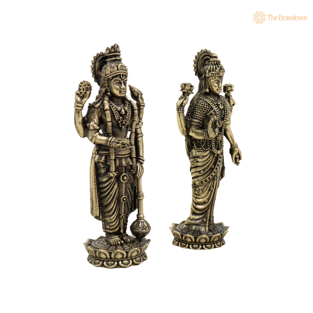 Handcrafted Brass Standing Vishnu and 4 Inch closeup – intricate craftsmanship