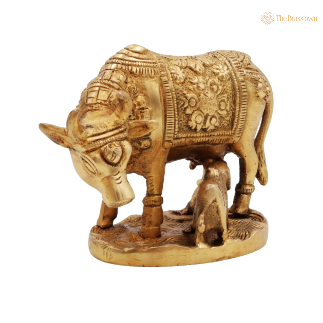 Sacred Brass Cow and Calf Statue 3.5 Inch