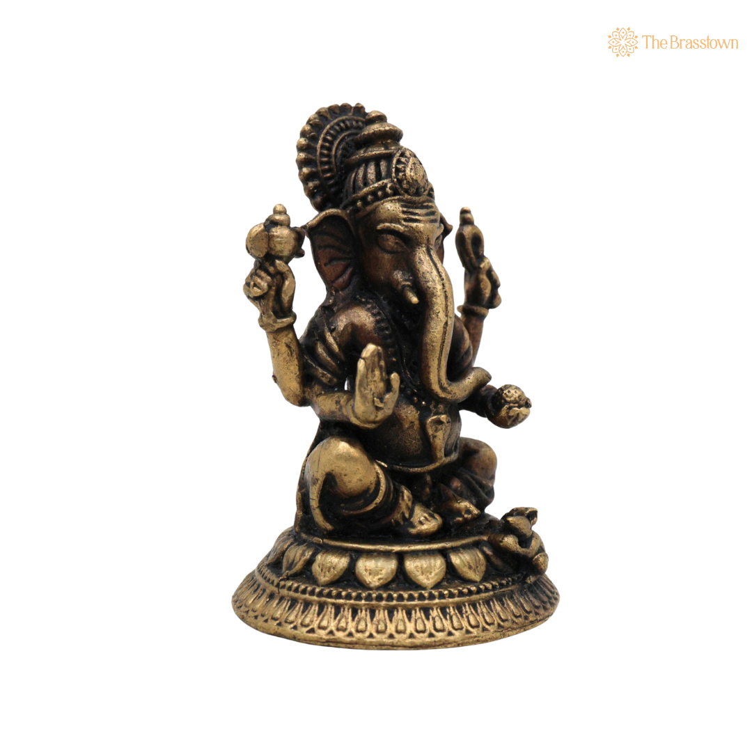 Handcrafted Brass Ganpati Bappa Idol 2 Inch closeup – intricate craftsmanship