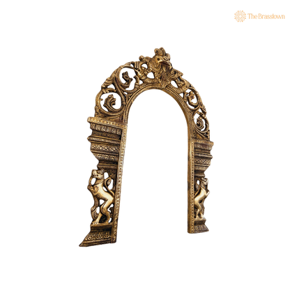 Brass Hand-Carved Prabhaval Arch Frame for Deity with Dual Yali – Handcrafted Arch Wall Hanging for Home Temple, Deity Décor &amp; Spiritual Ambience 13 Inch