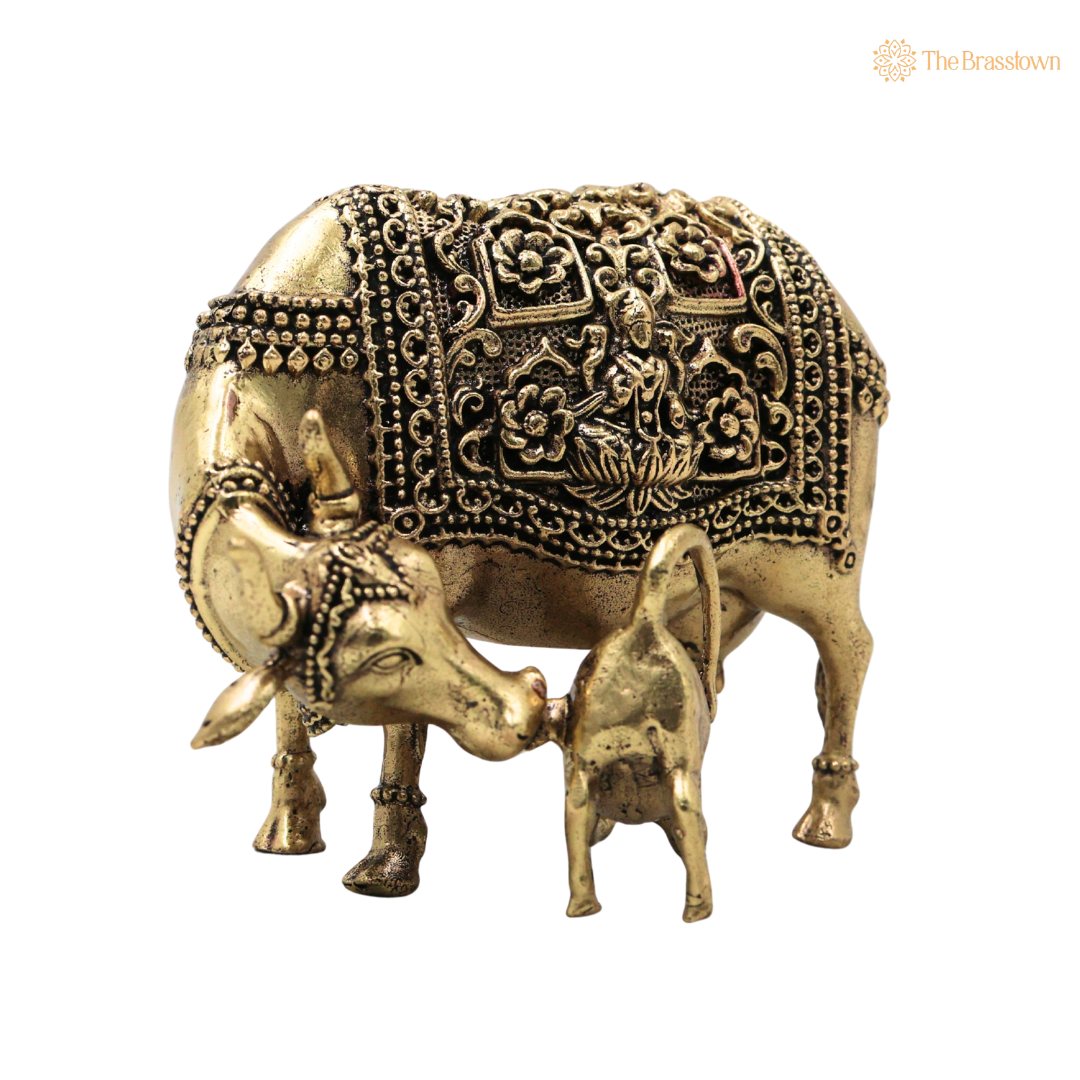 Brass Kamdhenu Gomata Idol – Sacred Surabhi Cow Murti for Pooja, Home Mandir, Vastu Décor &amp; Spiritual Blessings 3 Inch