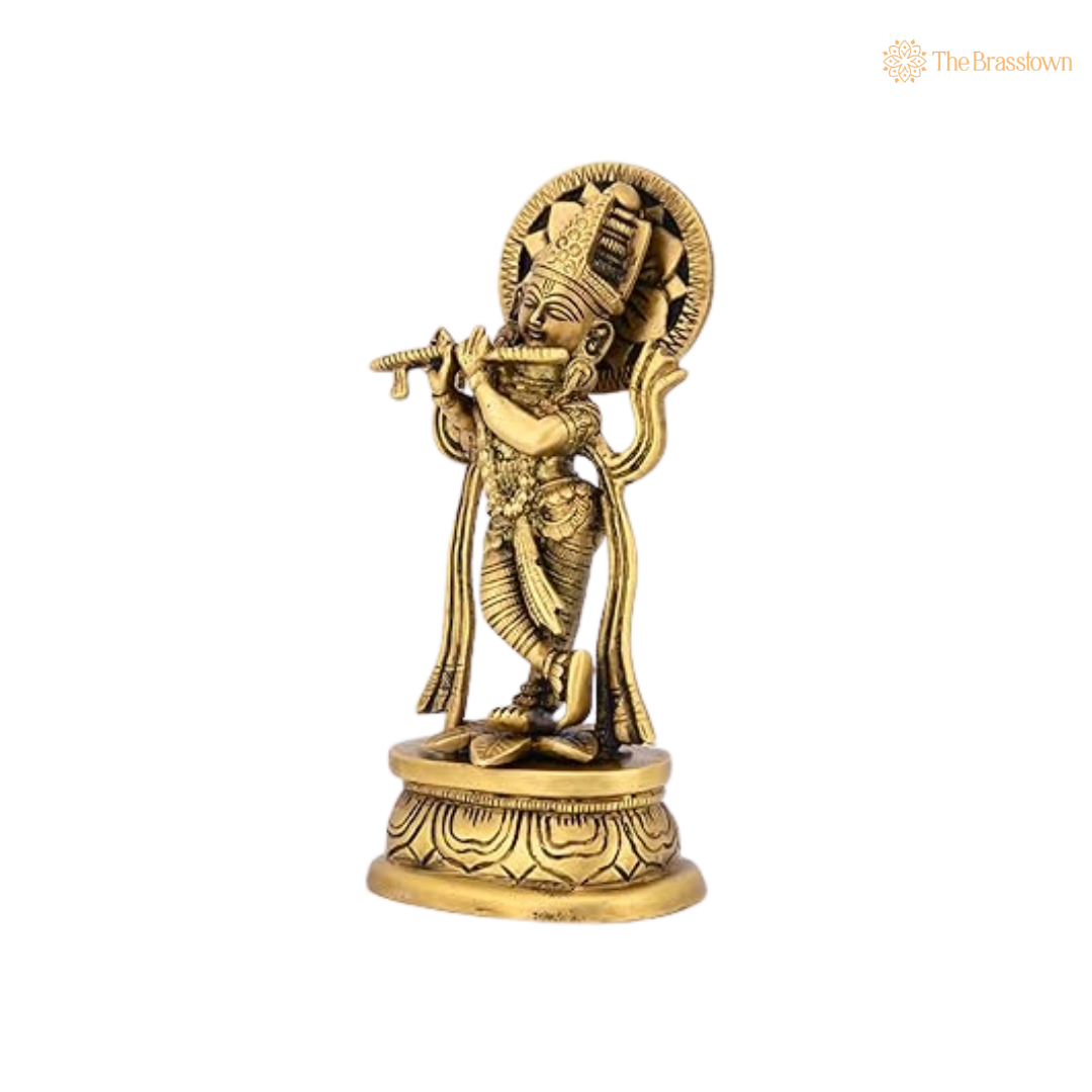 Antique Brass Krishna Idol with 7 Inch closeup – intricate craftsmanship