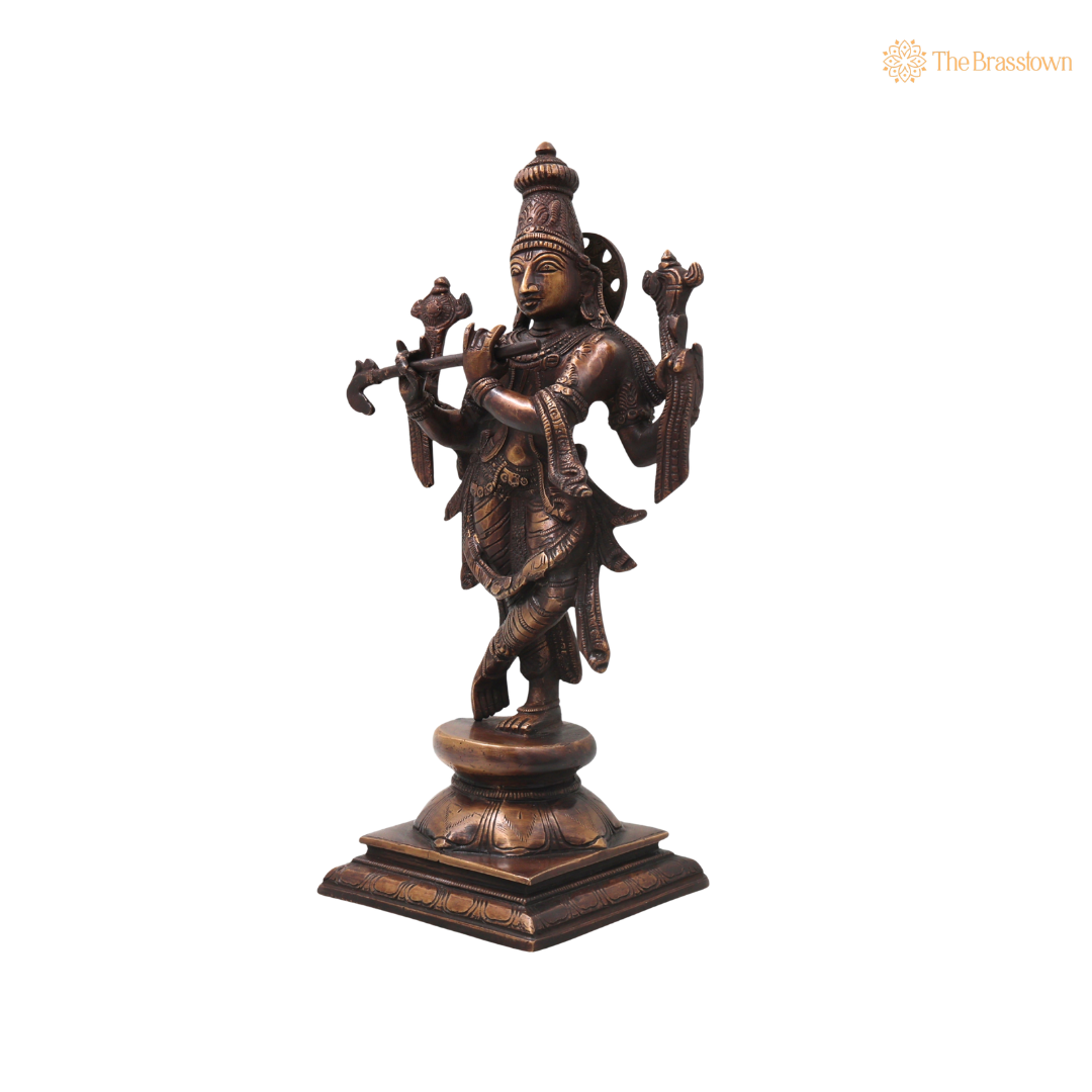 Brass Chaturbhuja Krishna Idol – Handcrafted Chola Style Kaliya Daman Govinda Murti for Pooja, Home Mandir, Décor &amp; Spiritual Gifting 12.5 Inch