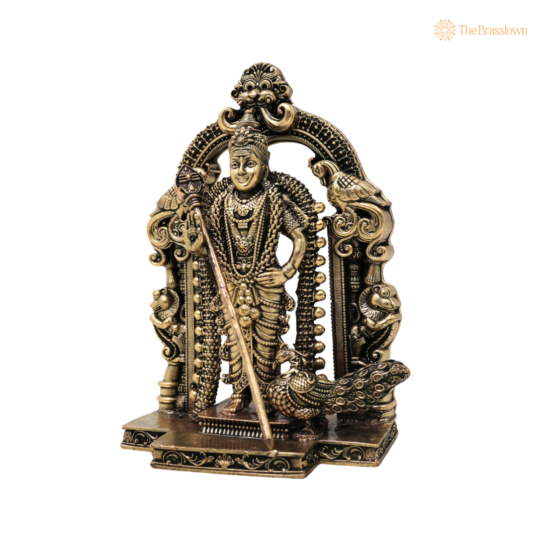 Brass Murugan Subramanya Kartikeya Idol – Fine Golden Finish for Puja &amp; Home Mandir 4.5 Inch