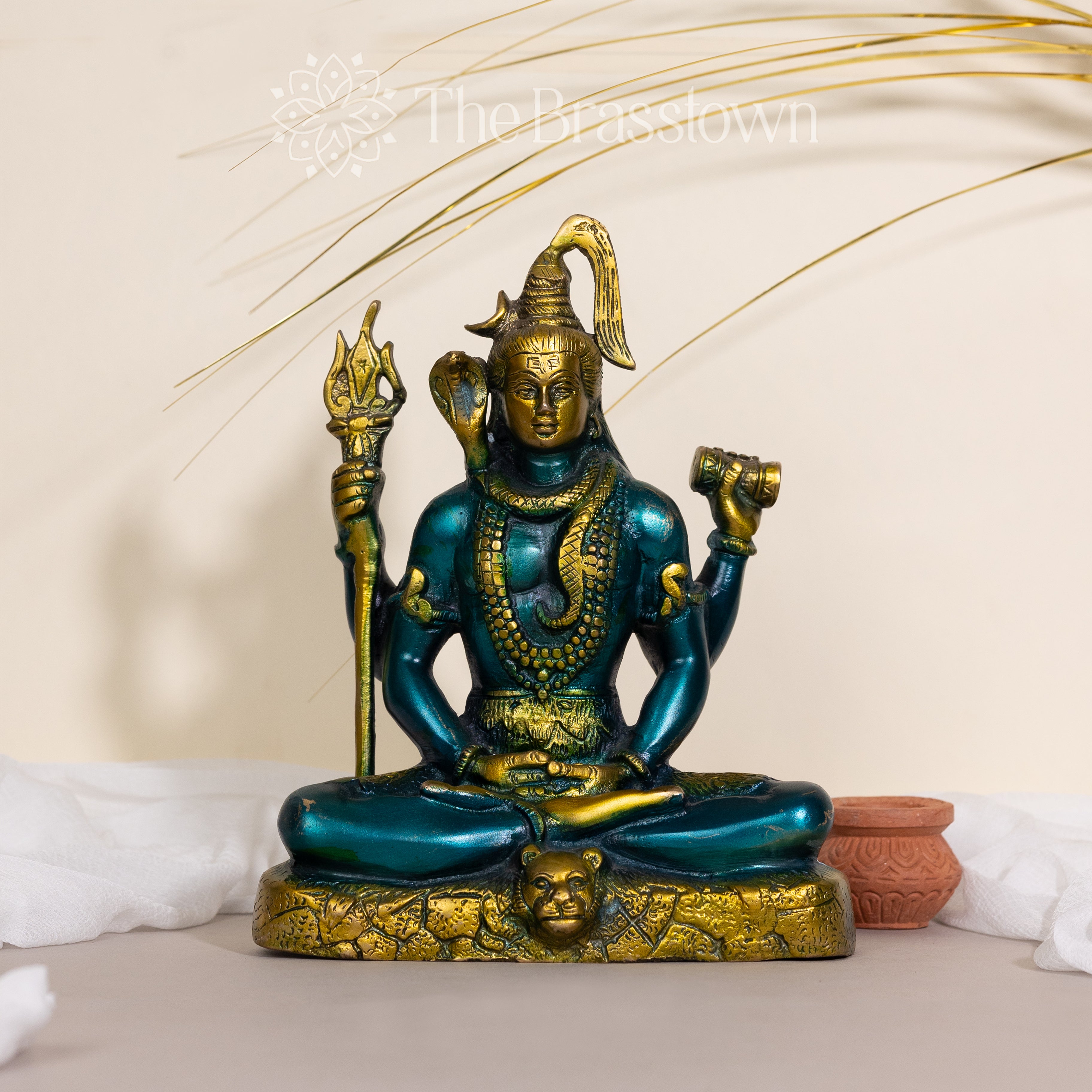 Brass Lord Shiva Statue in Blue and Gold