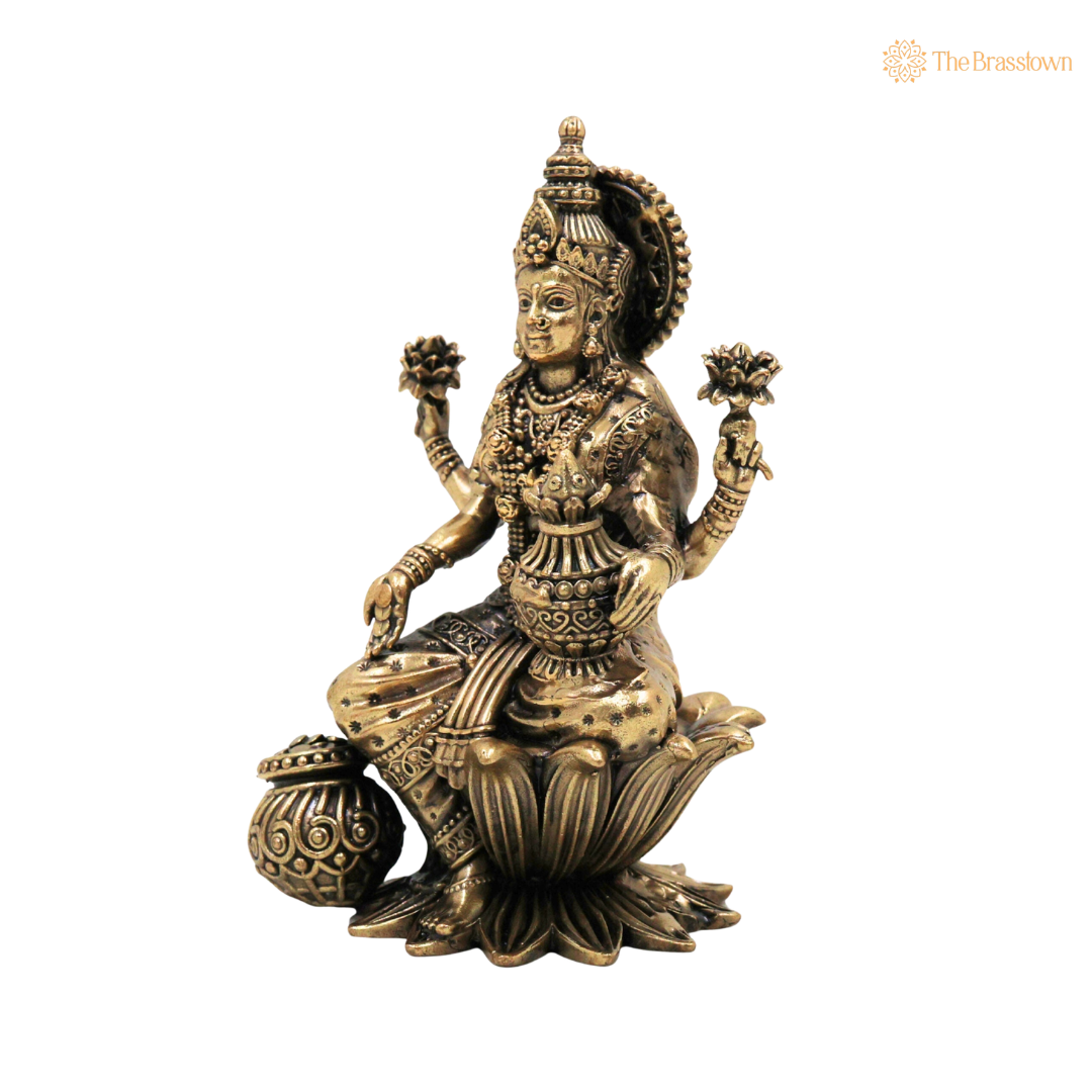 Brass Mahalakshmi Idol 4 Inch closeup – intricate craftsmanship