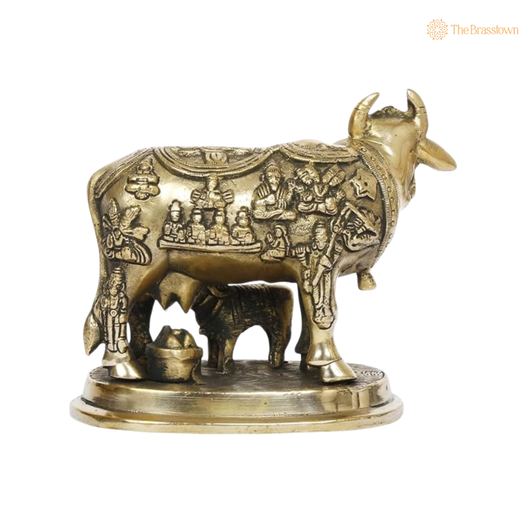 Handcrafted Brass Kamdhenu Cow with 5 Inch – home mandir puja decor India