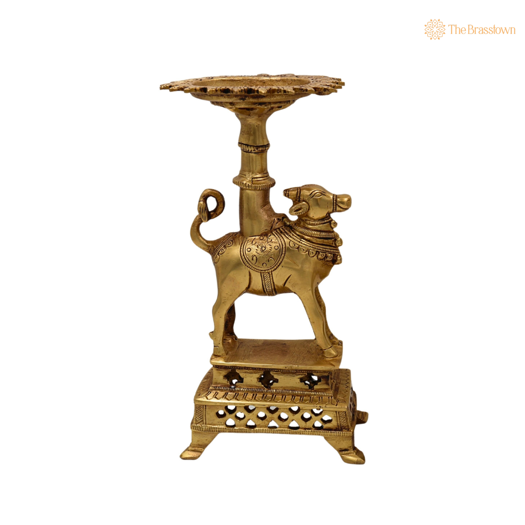 Brass Nandhi Puja Stand with Deep Holder – Traditional Pooja Accessory for Home Temple 8.5 Inch