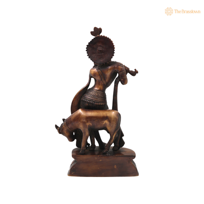 Brass Gopala Krishna with Cow Statue – Handcrafted Chola Style Kaliya Daman Govinda Murti for Pooja, Home Mandir, Décor &amp; Spiritual Gifting 14 Inch