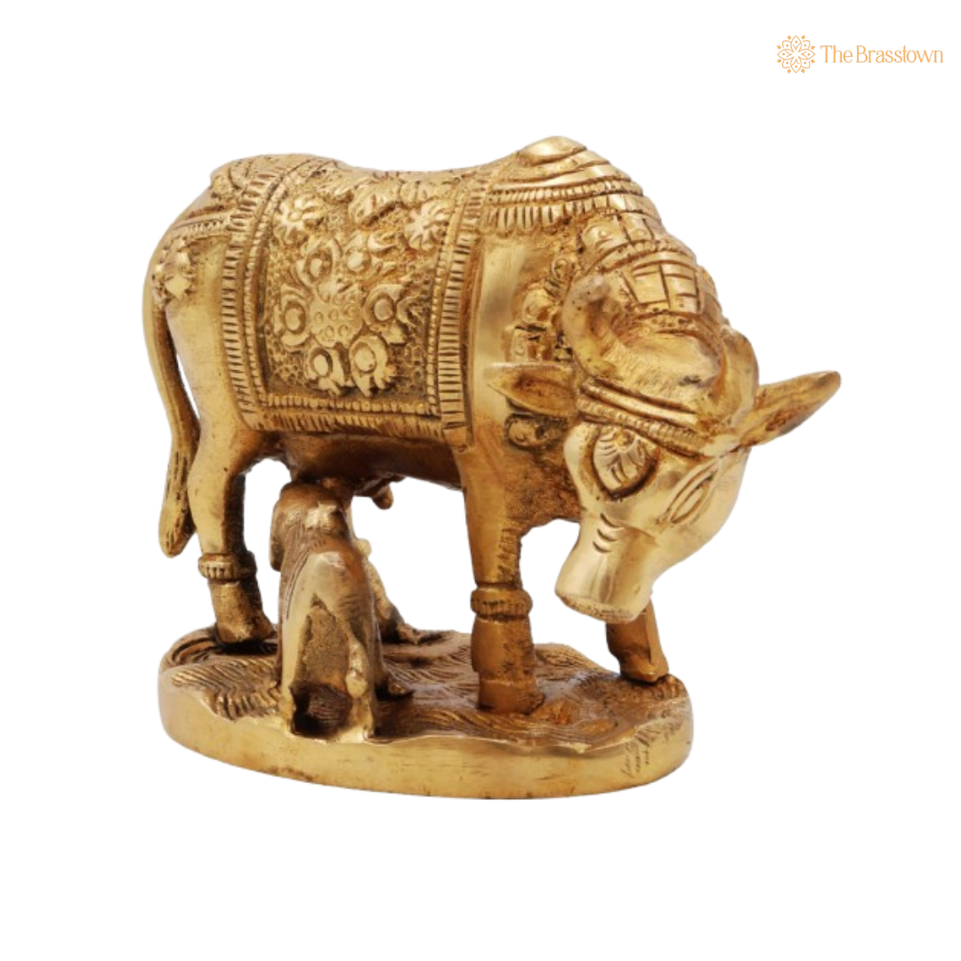 Sacred Brass Cow and Calf Statue 3.5 Inch