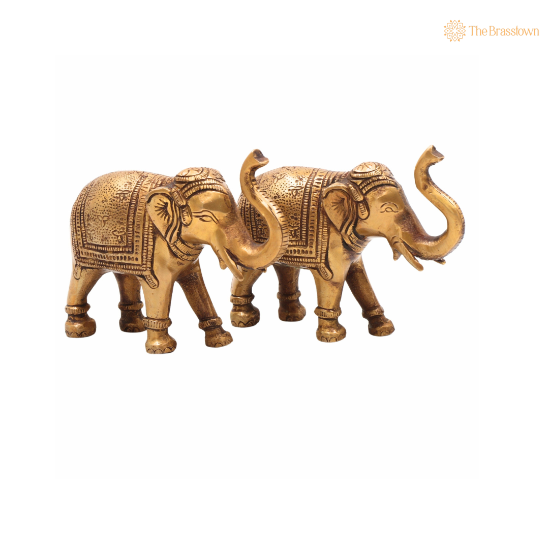 Handcrafted Brass Elephant Idol – Gaja Murti, Hasti, Airavata, Gajanan Decorative Hathi Statue for Home, Temple, Vastu, Feng Shui &amp; Spiritual Gifting (Set of 2) 3.5 Inch