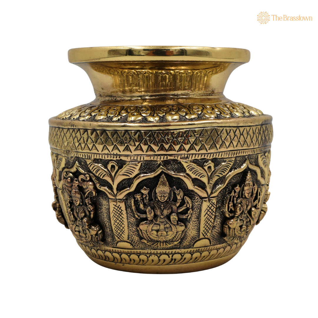 Brass Asta Lakshmi Kalash Lota – Handcrafted Peetal Pooja Kalash for Prosperity, Wealth &amp; Home Temple Décor 4.5 Inch
