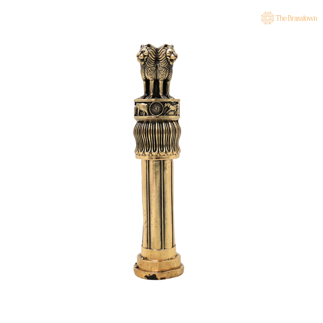 Brass Handcrafted Ashoka Stambh Idol – Traditional National Emblem Lion Capital Decorative Showpiece for Home &amp; Office Décor 6 Inch