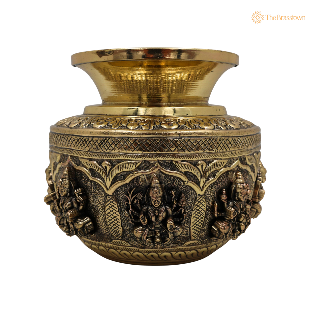 Handcrafted Brass Asta Lakshmi Kalash Lota – Handcrafted Peetal Pooja Kalash for Prosperity, Wealth &amp; Home Temple Décor 5 Inch