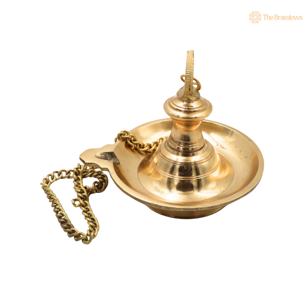 Hanging Brass Lamp for pooja – Traditional Peetal Thooku Vilakku Deepam for Temple, Home Mandir &amp; Spiritual Décor 5 Inch