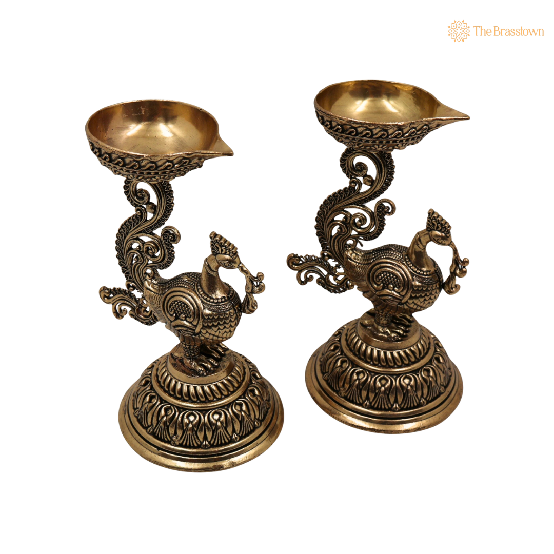 Brass Traditional Peacock Deepam Diya – Mayur Design Oil Lamp for Puja, Aarti &amp; Home Mandir Décor 4.5 Inch (set of 2 )