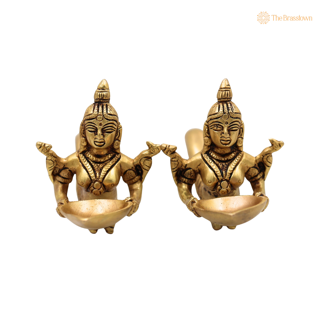 Brass Handcrafted Aarti Diya set of 2 – Traditional Pooja Oil Lamp (Peetal Deepak) for Aarti, Puja &amp; Home Mandir Décor 3 Inch