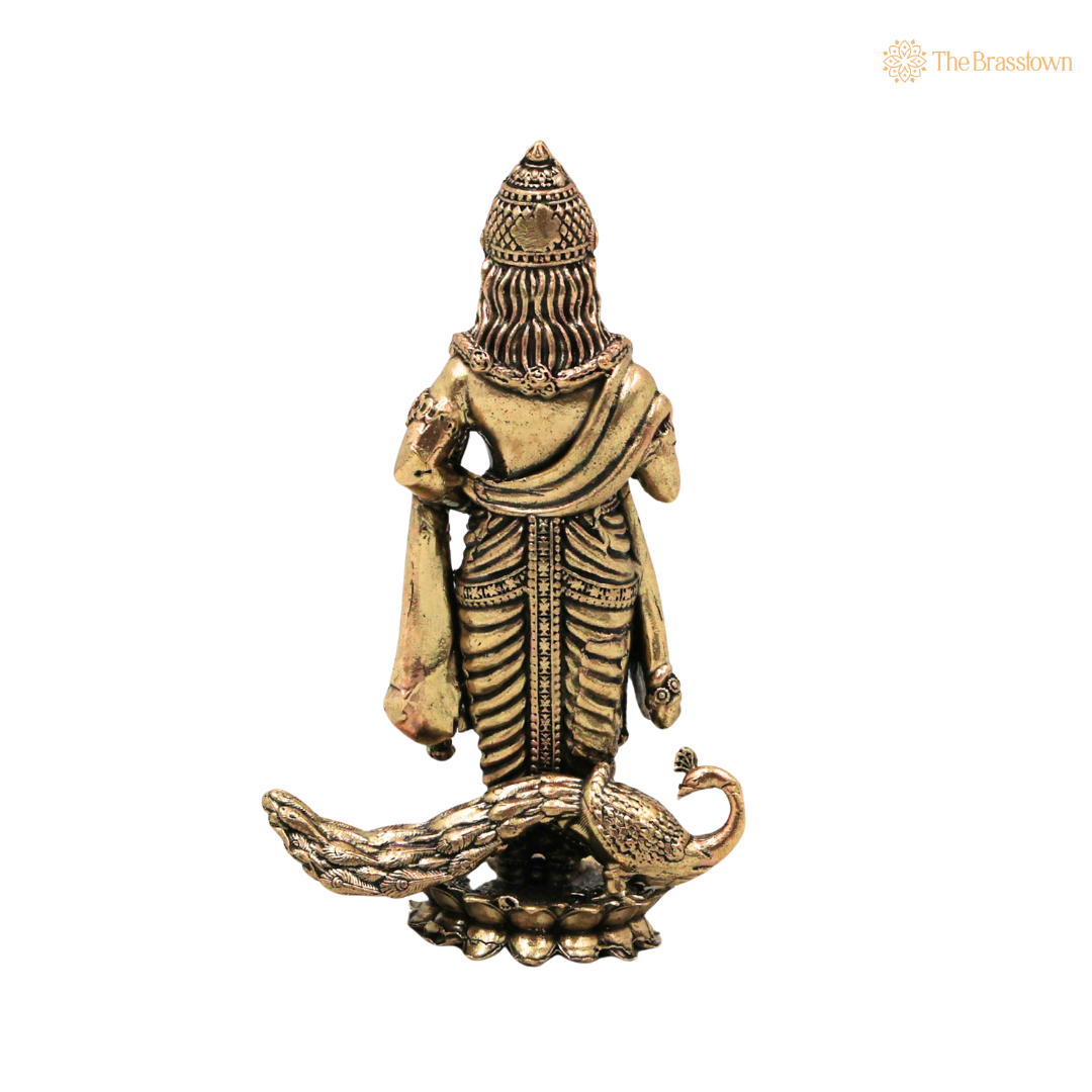 Brass Murugan Idol with Peacock 4.5 Inch – home mandir puja decor India