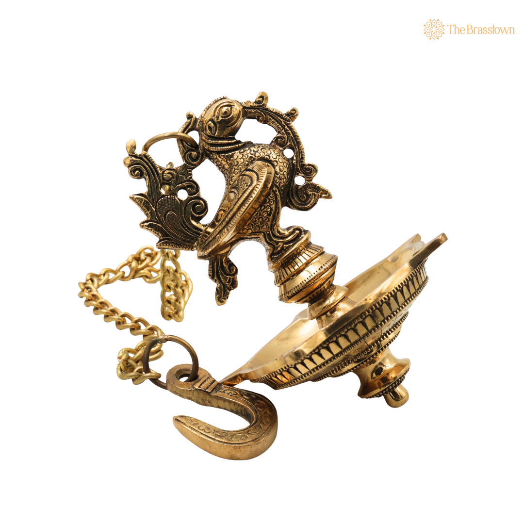 Brass Hamsa Hanging Lamp Pooja – Traditional Peetal Thooku Vilakku Deepam for Temple, Home Mandir &amp; Spiritual Décor 21.5 Inch