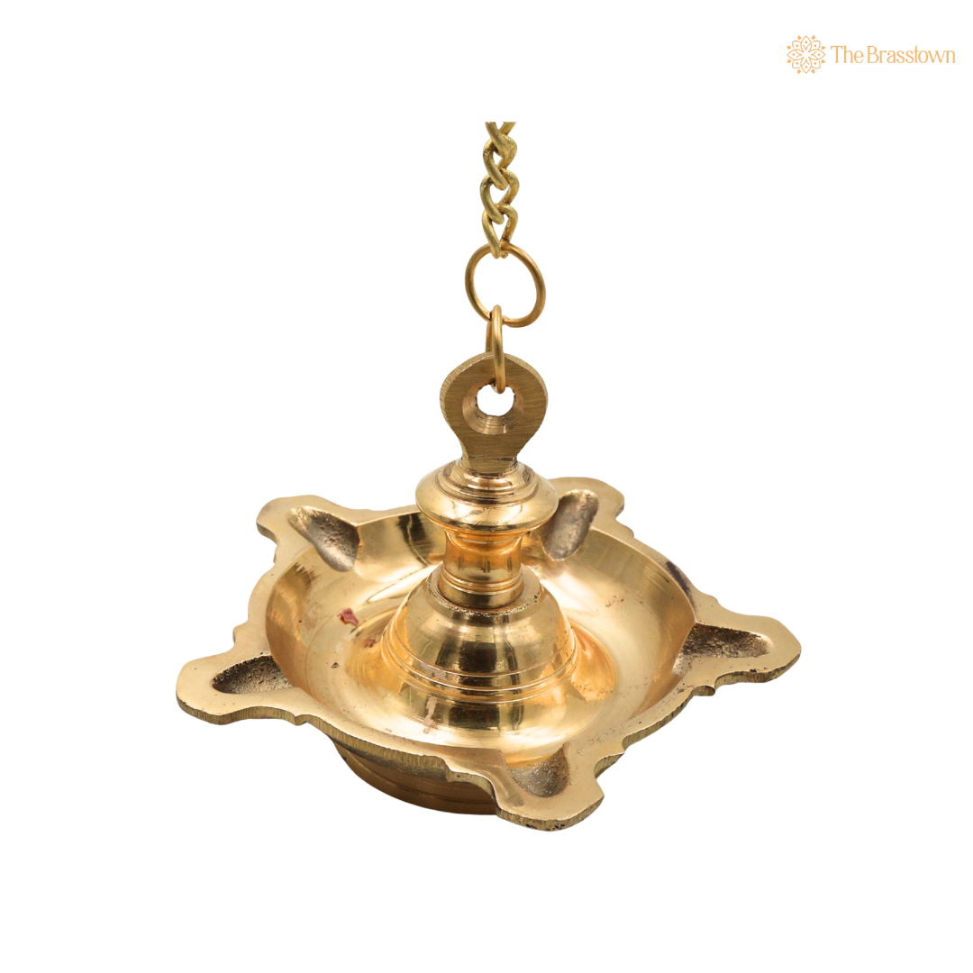 Hanging Brass Lamp Pooja Diya – Traditional Peetal Thooku Vilakku Deepam for Temple, Home Mandir &amp; Spiritual Décor 4.5 Inch