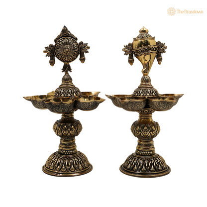 Brass Shankh Chakra Diya Pair – Vishnu Shankh Chakra Deepam Oil Lamps for Puja, Aarti &amp; Home Temple Décor 8.5 Inch