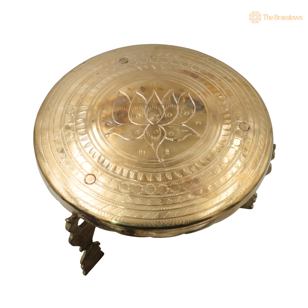 Round Brass Pooja Stand Chowki – Traditional Peetham Singhasan Circular Idol Display Base for God Idols, Diya, Urli &amp; Temple Décor 5.5 Inch