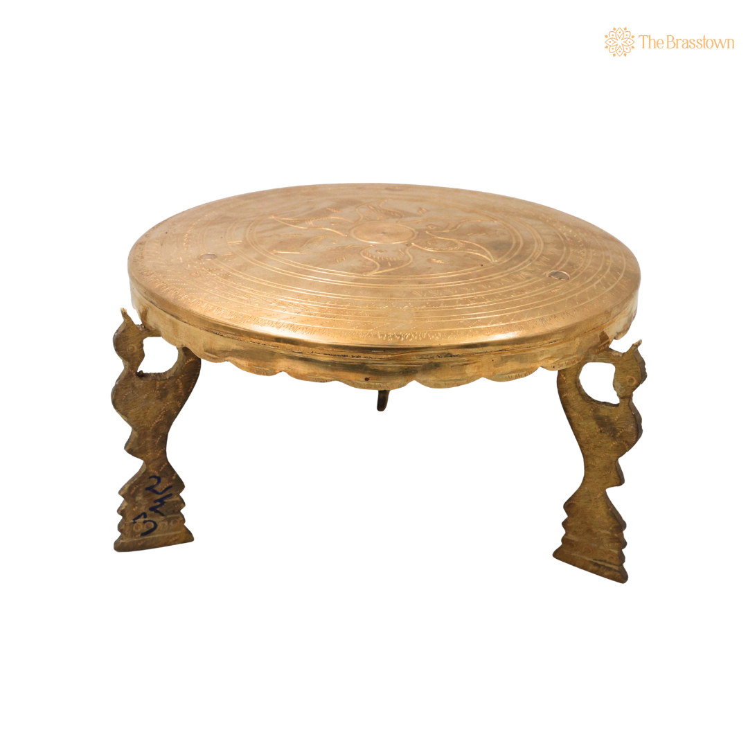 Round Flower Brass Pooja Stand Chowki – Traditional Peetham Singhasan Circular Idol Display Base for God Idols, Diya, Urli &amp; Temple Décor 10 Inch