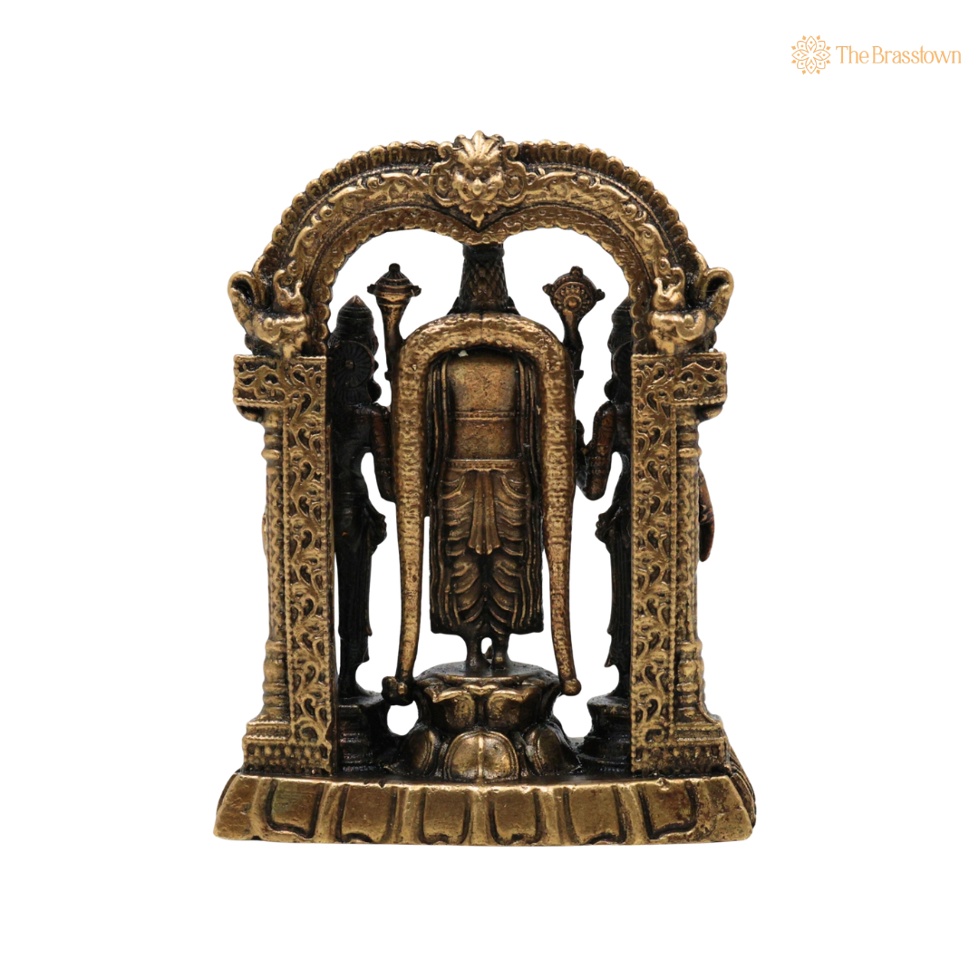 Brass Vishnu Sridevi Bhudevi Idol – Lord Narayana Murti with Sri Lakshmi &amp; Bhudevi for Puja, Home Mandir &amp; Spiritual Décor 3 Inch