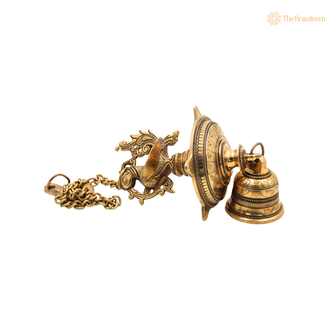 Hanging Brass Lamp Pooja Diya with Bell – Traditional Peetal Thooku Vilakku Deepam for Temple, Home Mandir &amp; Spiritual Décor 23 Inch
