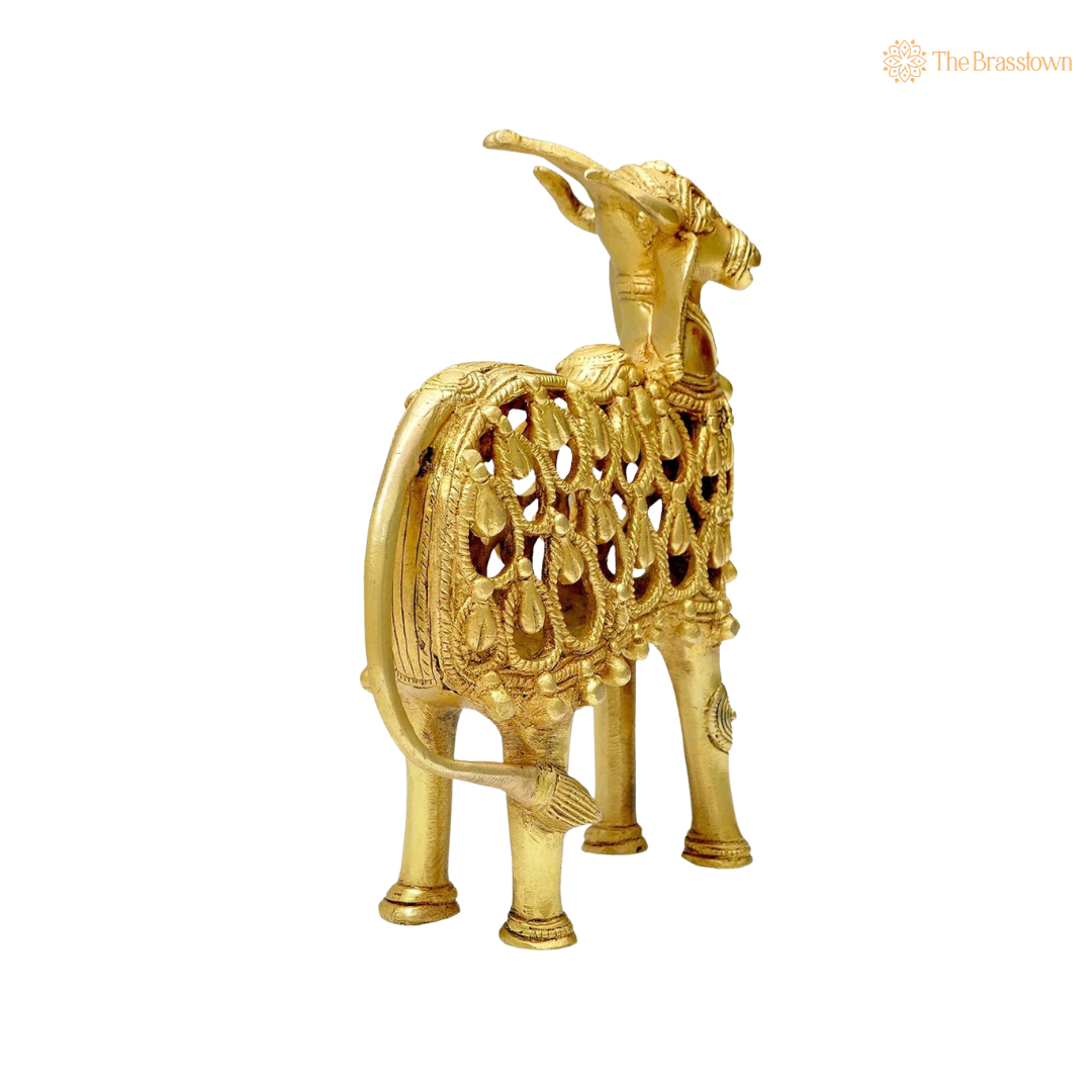 Antique Brass Tribal Cow Showpiece 9 Inch – home mandir puja decor India