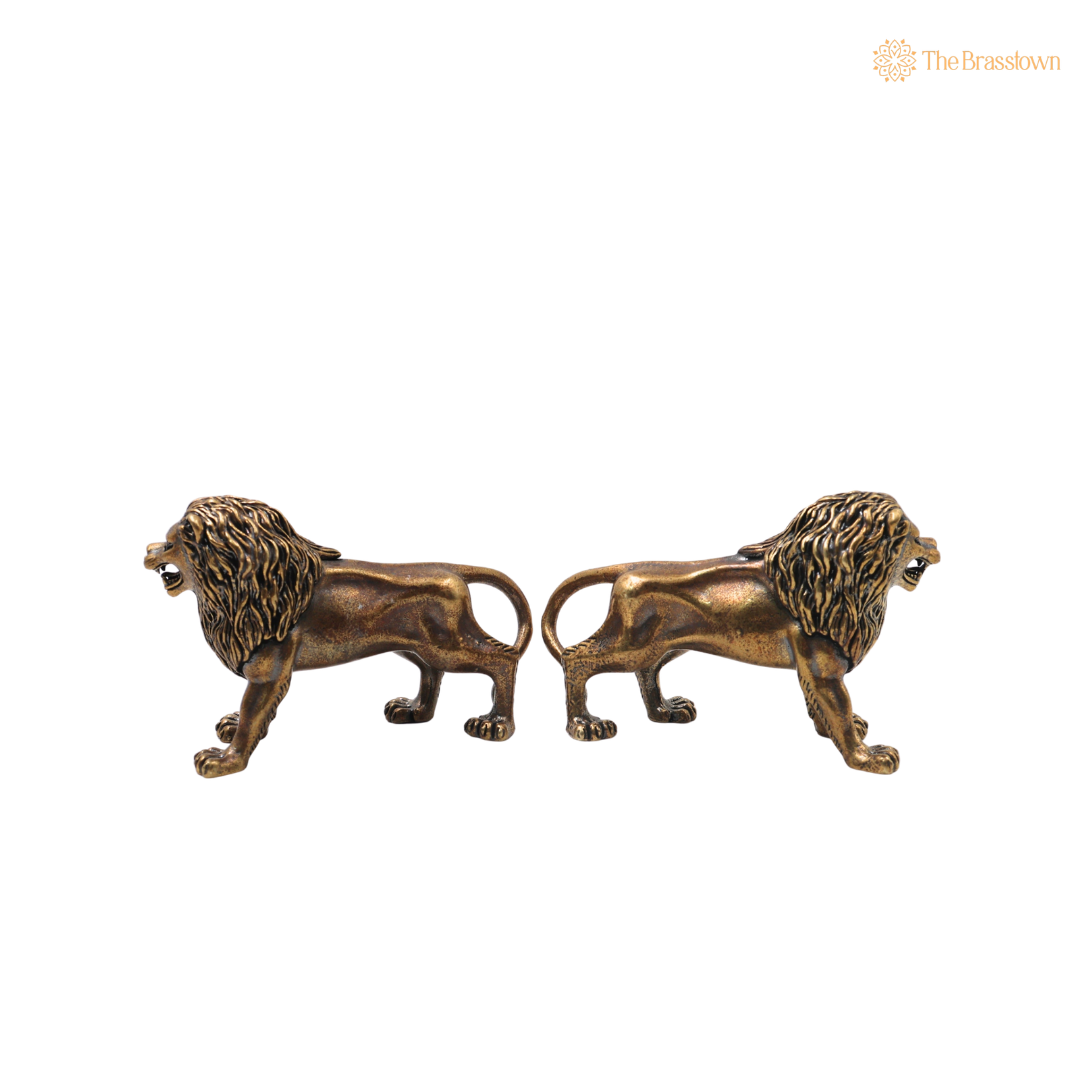 Handcrafted Brass Lion Set of 2 Simha Sculpture - Traditional Handcrafted Vastu Pooja Home Decor Gift Statue 2 Inch