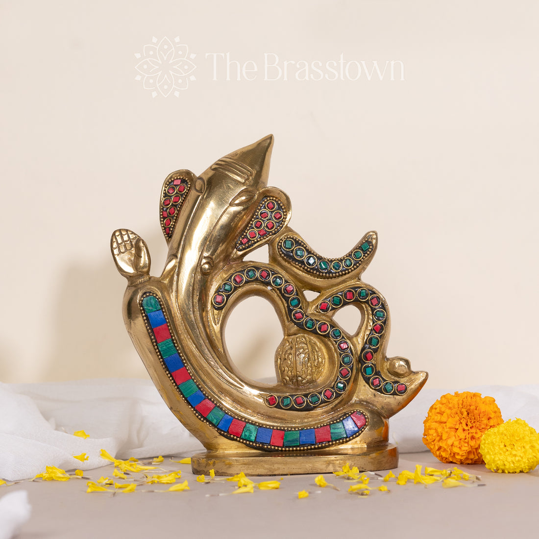 Brass Ganesh in Om Design with Colorful Stone Inlay