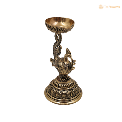 Brass Traditional Peacock Deepam Diya – Mayur Design Oil Lamp for Puja, Aarti &amp; Home Mandir Décor 4.5 Inch