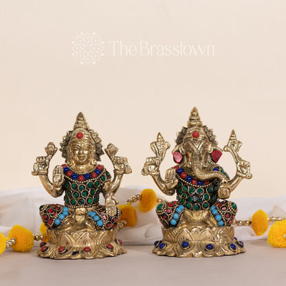 Brass Lakshmi and Ganesha Statue Set