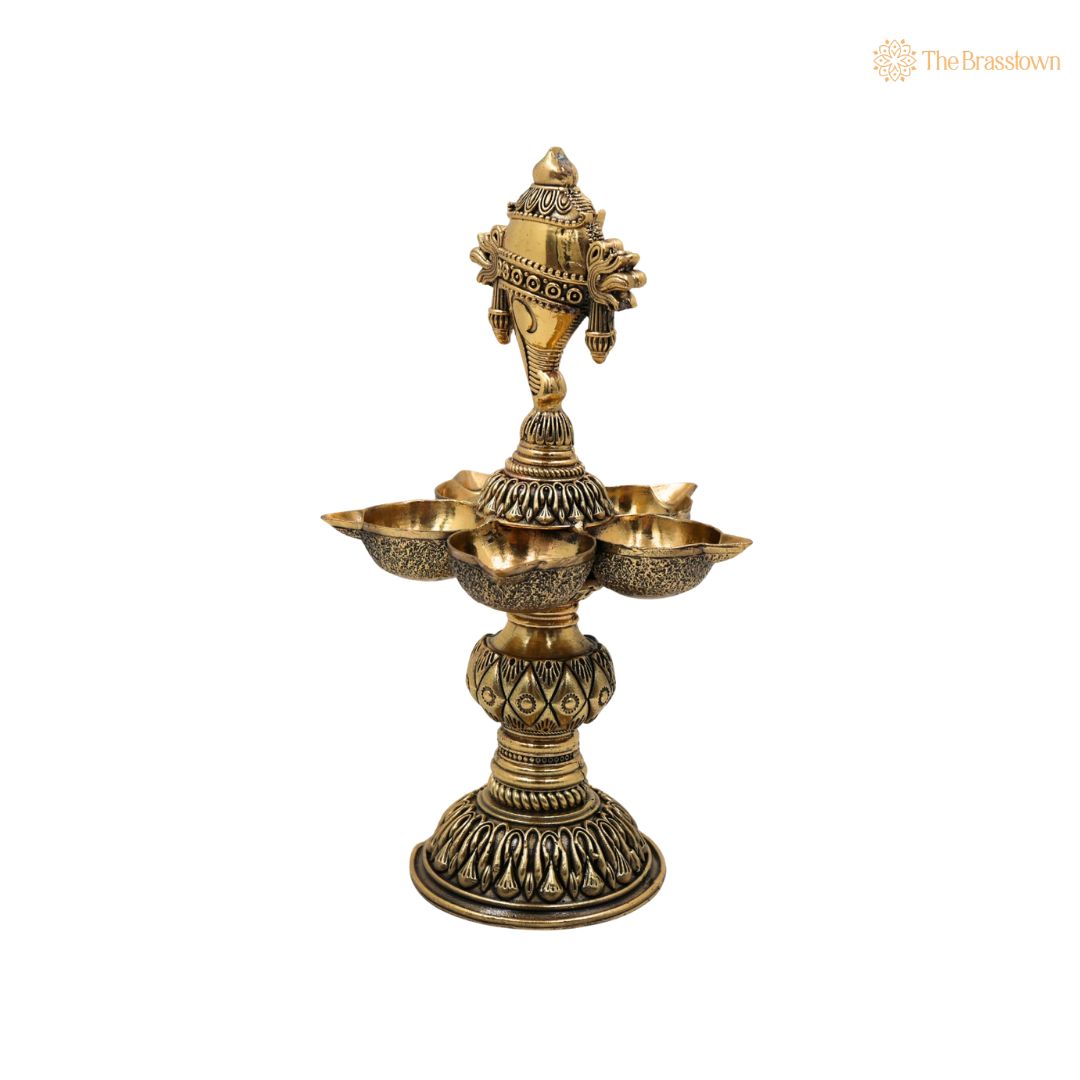 Brass Shankha Diya – Conch Shape Oil Lamp (Peetal Deepak) for Puja, Aarti &amp; Home Mandir Décor 8.5 Inch