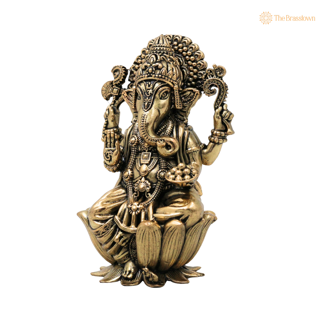 Handcrafted Brass Ganpati Bappa Idol – Unique Lord Ganesha Murti (Vinayaka) for Puja, Home Mandir &amp; Décor 4 Inch