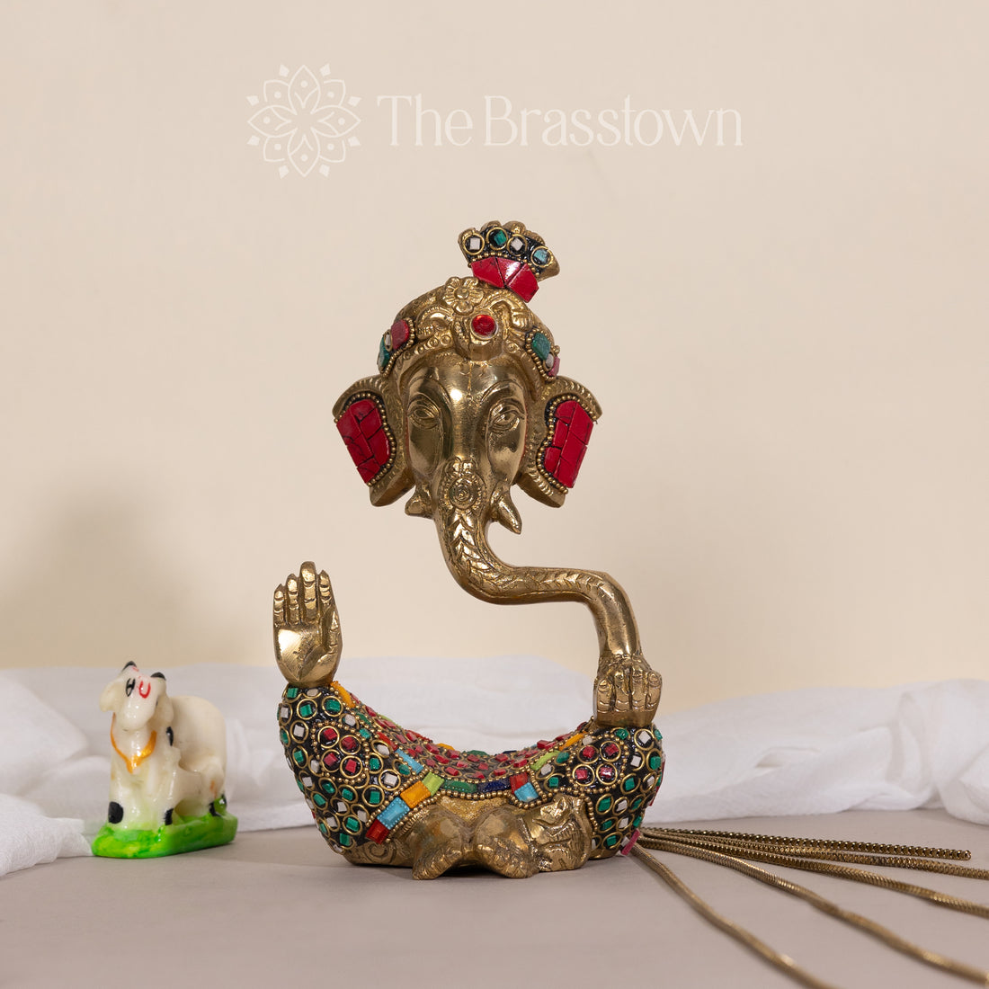 Brass Ganesha with Intricate Stonework – Handcrafted Decorative Sculpture