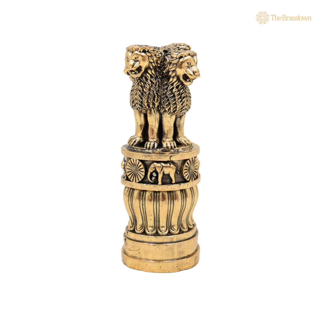 Brass Handcrafted Ashoka Stambh Idol – National Emblem Lion Capital Decorative Showpiece for Home &amp; Office Décor 4 Inch