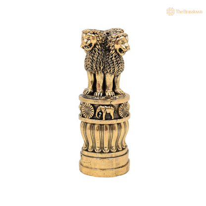 Brass Handcrafted Ashoka Stambh Idol – National Emblem Lion Capital Decorative Showpiece for Home &amp; Office Décor 4 Inch