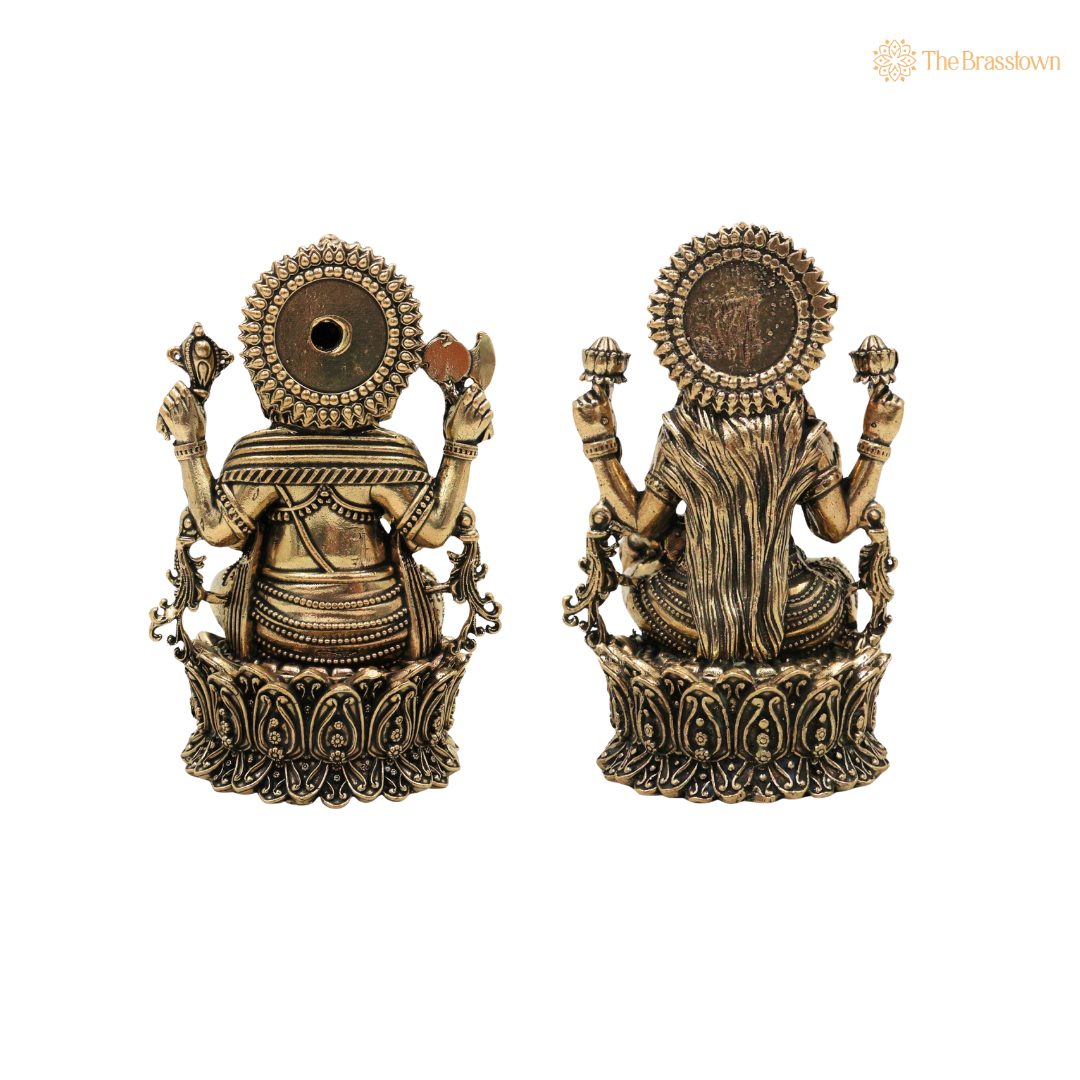 Handcrafted Brass Lakshmi Ganapati Idol 5 Inch side view – antique finish detail
