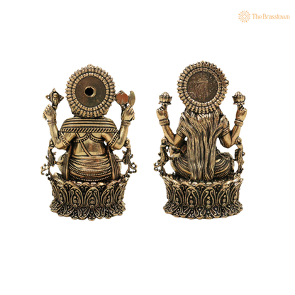 Handcrafted Brass Lakshmi Ganapati Idol 5 Inch side view – antique finish detail