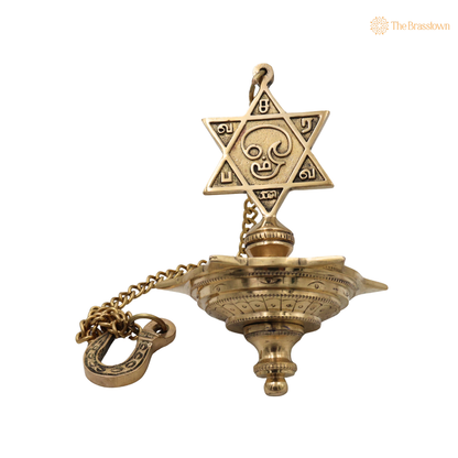 Hanging Brass Lamp with Star – Traditional Peetal Thooku Vilakku Deepam for Temple, Home Mandir &amp; Spiritual Décor 22 Inch