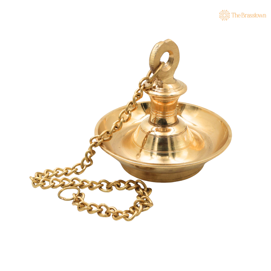 Brass Hanging Lamp Pooja Diya – Traditional Peetal Thooku Vilakku Deepam for Temple, Home Mandir &amp; Spiritual Décor 7 Inch