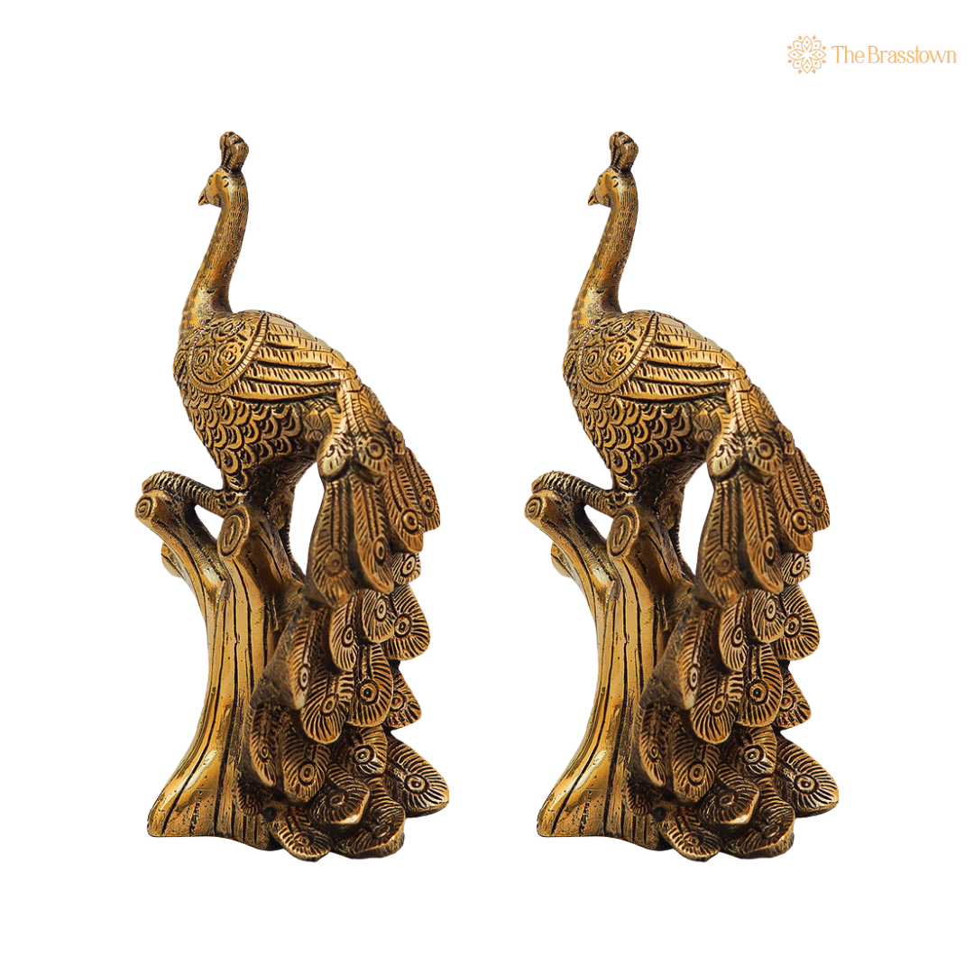 Antique Brass Peacock on Tree 8.5 Inch – home mandir puja decor India