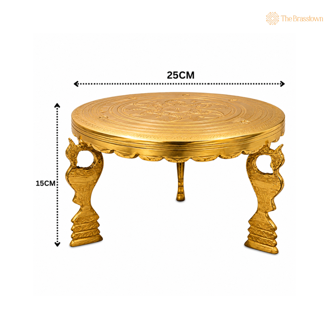 Round Flower Brass Pooja Stand Chowki – Traditional Peetham Singhasan Circular Idol Display Base for God Idols, Diya, Urli &amp; Temple Décor 10 Inch