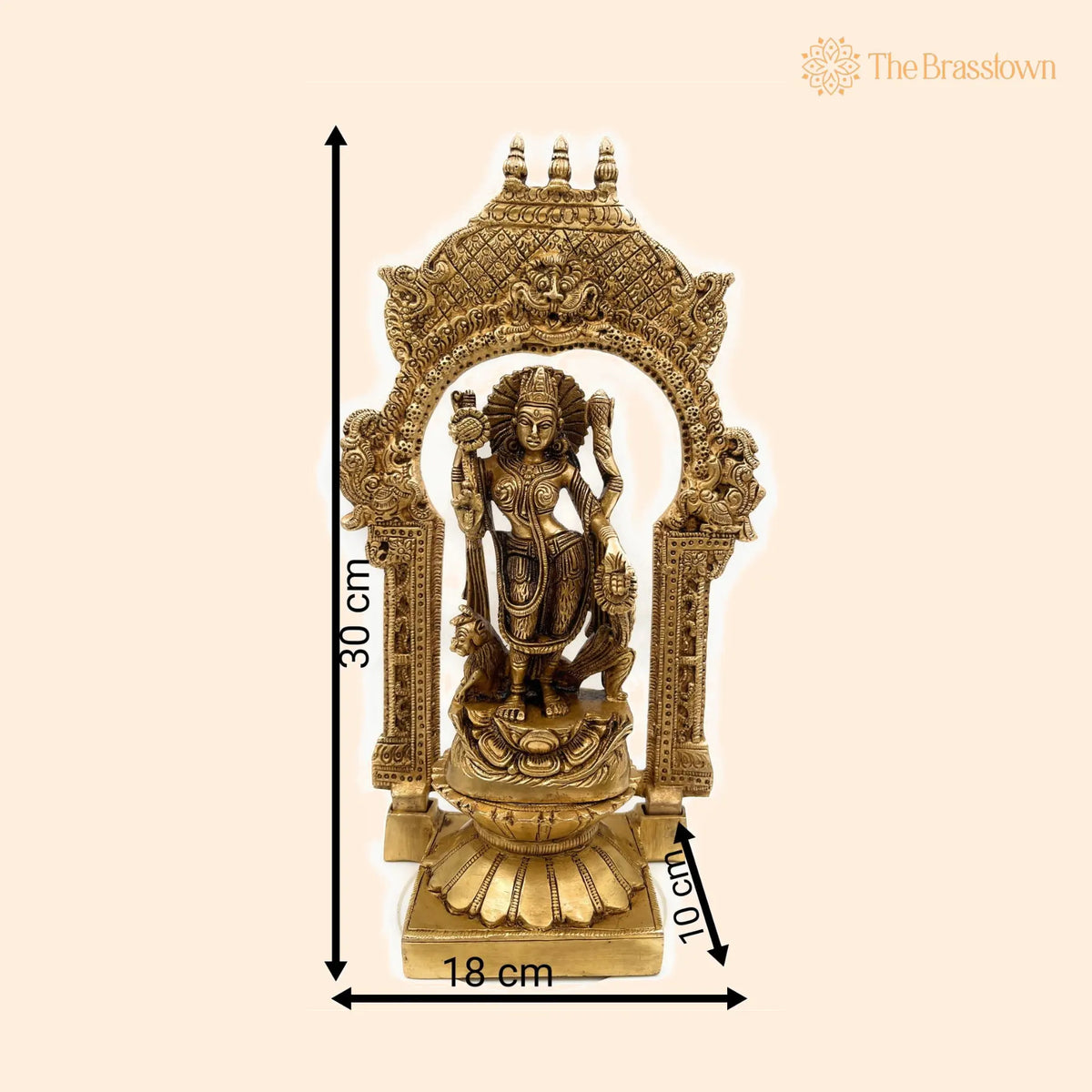Handcrafted Brass Durga Devi Idol – on Lotus Chowki with Temple Prabhavali, Mahishasuramardini, Adi Shakti 10.5 Inch 1