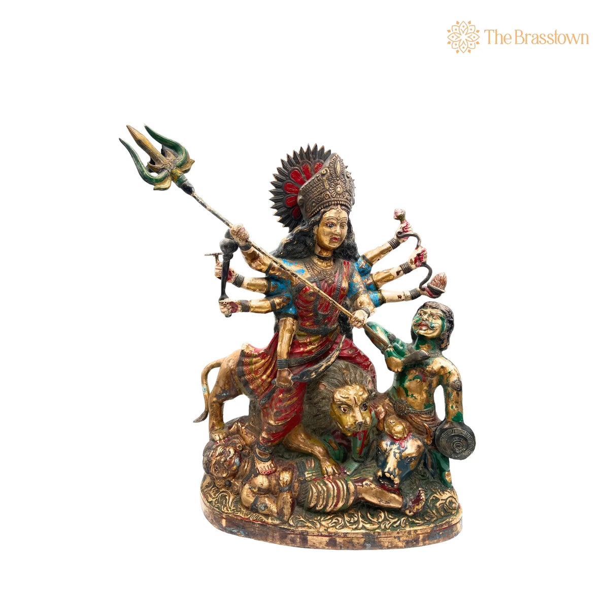 Brass Mahishasura Mardini Idol – Handcrafted Simhavahini Durga Devi Murti for Home Temple, Navratri Puja &amp; Décor 21.5 Inch 2