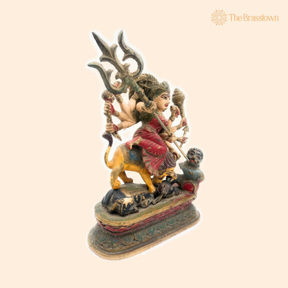Handcrafted Brass Durga Devi Idol – Mahishasura Mardini, Shakti Simhavahini Maa Amba Statue, Antique Finish Pital Murti for Pooja 14 Inch 1